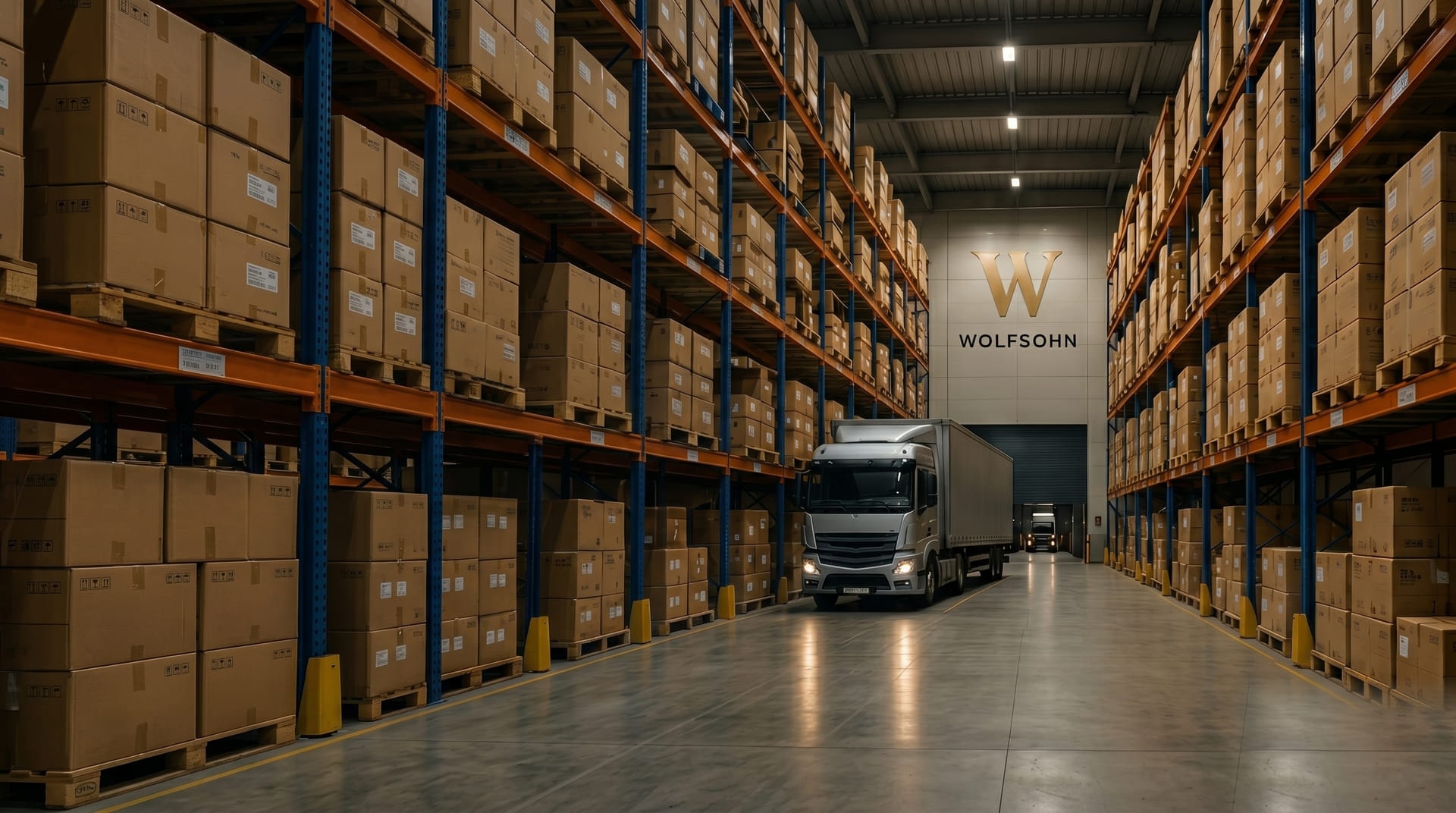 Industrial warehouse aisle with a forklift moving goods